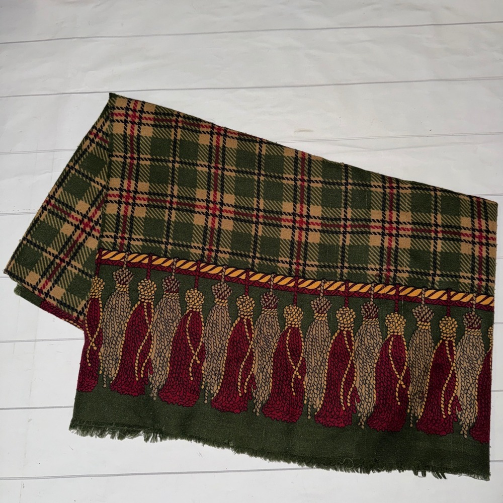 Elaine‎ Gold Square Scarf Wrap Green Plaid Tassel Print Classy Old Money Elegant